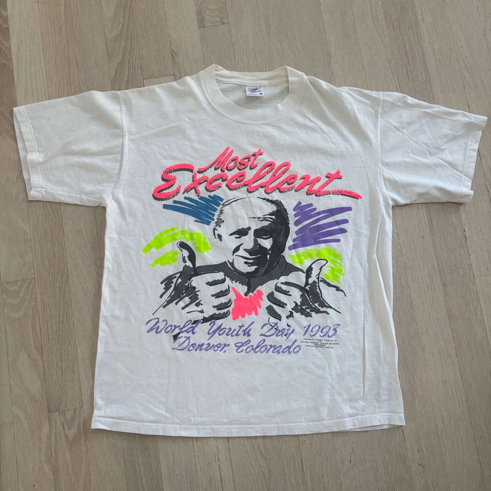 Jerzees T-Shirt Unisex Medium White Vintage 1993 World Youth Day Pope Excellent
